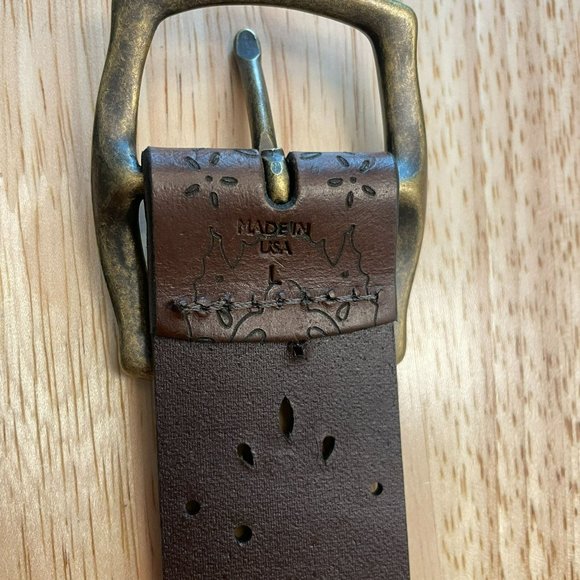 Laser Cut Leather Western Boho Belt Gold Studs Women L Brown Made in USA main image 5